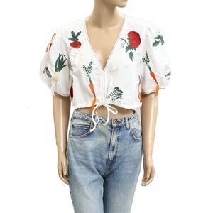 Anthropologie Maeve V-Neck Embroidered Veggie Blouse Top Cotton Ivory M 282407